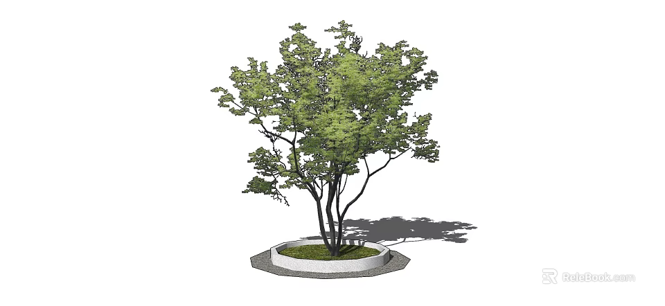 Circular Tree Pit Design With Gray Edge Green Grass And Tree 3d model
