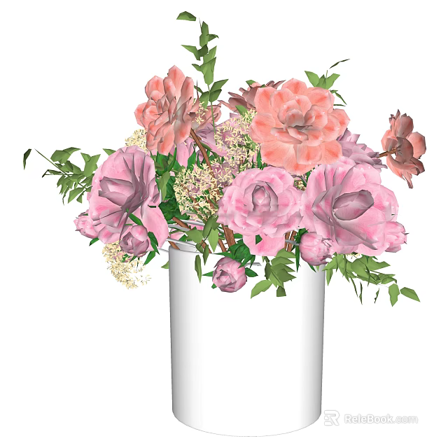 White Vase With Beautiful Pink Roses Soft Pink Flowers And Green Leaves Arrangement 3d model 