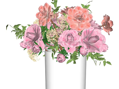 White Vase With Beautiful Pink Roses Soft Pink Flowers And Green Leaves Arrangement 3d model