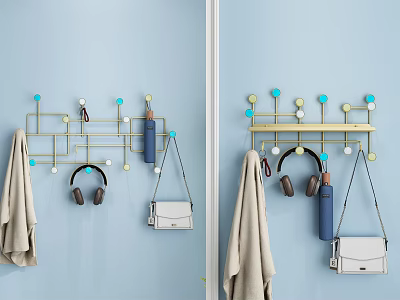 Modern Blue Wall Mounted Hook Organizer with Hanging Headphones Purse Towel and Colorful Beads 3d model