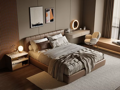 Modern Bedroom Interior With Bed Nightstand Lamp Wall Art Dressing Table Chair And Rug 3d model