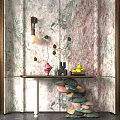 Elegant Modern Entryway Console Table With Marble Wall Vase Green Plants And Stone Ornaments