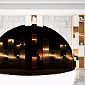 Modern Storage Cabinet Shelves Interior With Potted Plants Books Photo Frames Against Chinese Character Wall