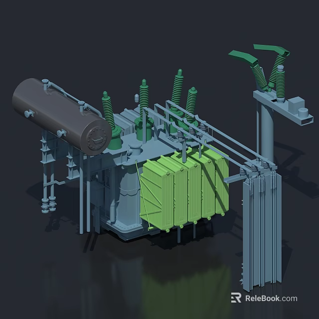 Power Transformer With Green Components Gray Casing Insulating Bushings And Structural Design 3d model 