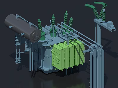 Power Transformer With Green Components Gray Casing Insulating Bushings And Structural Design 3d model