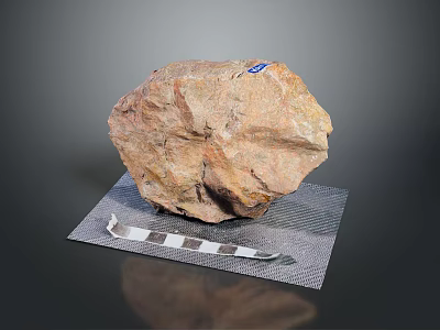 Natural Stone Specimen Placed On Mesh Pad With Blue Label And Measuring Ruler 3d model