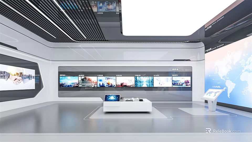 Modern Exhibition Hall Interior With Multiple Digital Screens White Display Counter And Tech Elements 3d model 