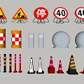 Road Traffic Facilities with Warning Signs Stop Sign Speed Limit Arrow Colored Cones and Bollards