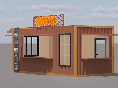 Modern Commercial Street Container Shop With Brown Exterior Orange Sign And Windows 3d model