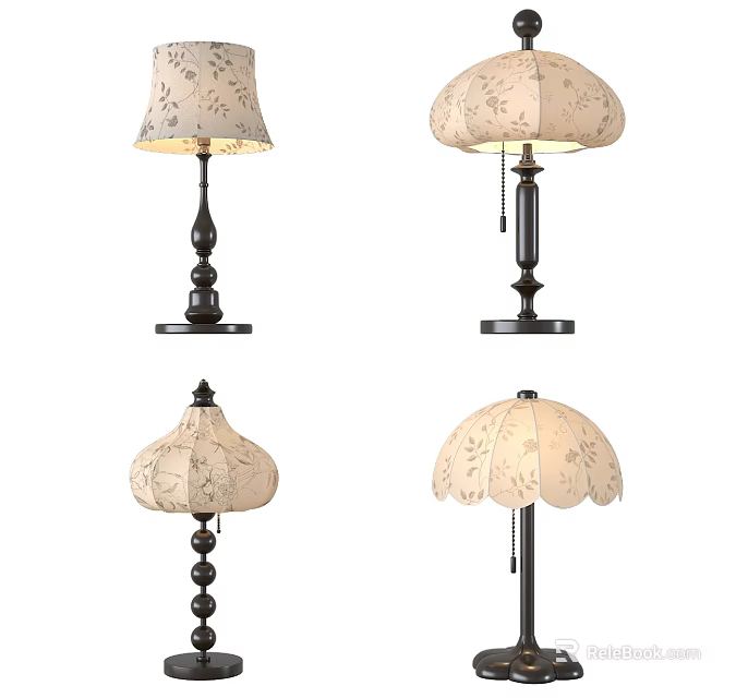 Vintage Decorative Table Lamps With Floral Pattern Shades And Black Bases 3d model 