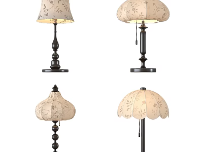 Vintage Decorative Table Lamps With Floral Pattern Shades And Black Bases 3d model