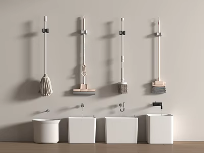 Wall Mounted Bathroom Cleaning Accessories With Broom Mop Brush And White Containers 3d model