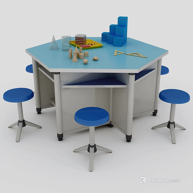 Hexagonal Desk With Blue Tabletop Blue Stools Storage Cabinets And Building Blocks Triangle Ruler 3d model