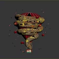 Red Hot Air Balloon With Golden Spiral Decorations And Floating Red Fragments On Gray Background