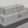 Gray Brick Hospital Building With Red Cross Sign And Multiple Windows 3d model
