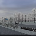 Swing Door In Snow Covered Street With Trees Streetlights And Buildings