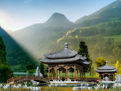 Traditional Chinese Pavilion With Wooden Structure Tiled Roof And Mountain Pond Scenery 3d model