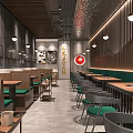 Modern Chinese Restaurant Interior With Wooden Tables Green Seats Pendant Lights And Wall Decor