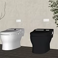 Modern Bathroom Interior With White And Black Toilet Wooden Floor And Plants