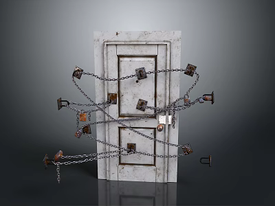 White Door Secured With Multiple Chains Locks And Keys On Gray Background 3d model