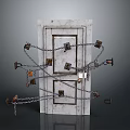 White Door Secured With Multiple Chains Locks And Keys On Gray Background 3d model