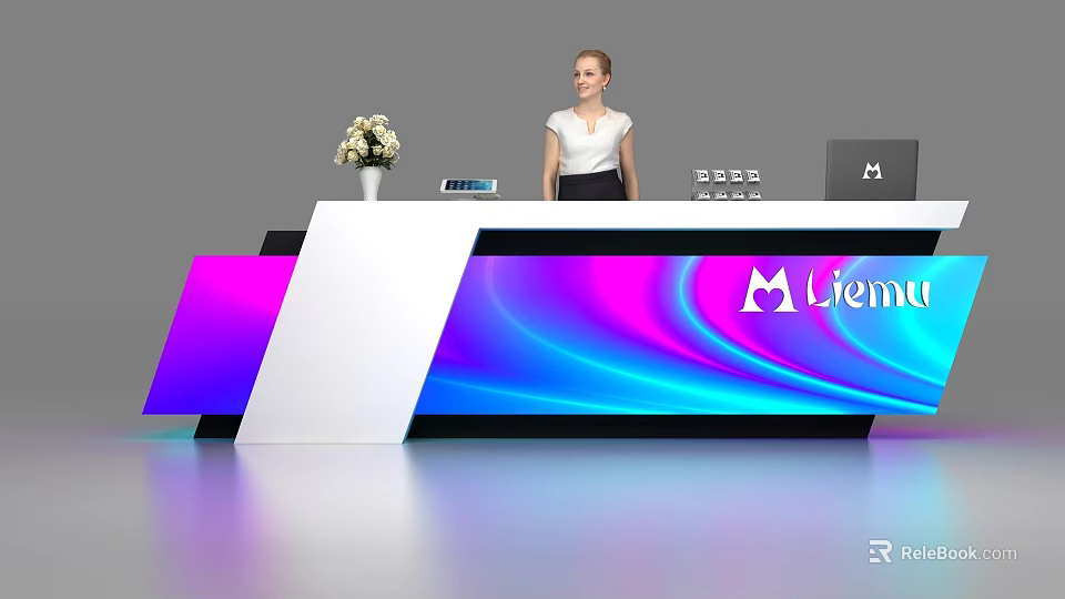 Modern Reception Desk With Flower Vase Tablet Laptop And Blue Purple Gradient Surface 3d model 