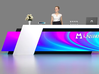 Modern Reception Desk With Flower Vase Tablet Laptop And Blue Purple Gradient Surface 3d model