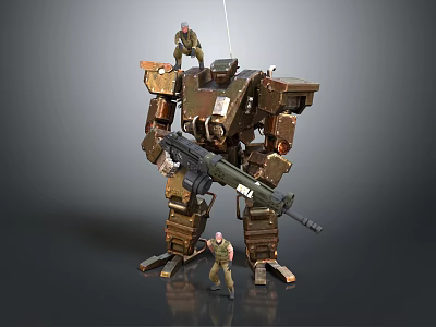 Military Soldiers Standing On And Beside Large Camouflage Mech With Heavy Weapons 3d model