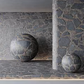 Gray Stone Textured Floor Tiles With Spherical Decorations And Matching Wall Design 3d model