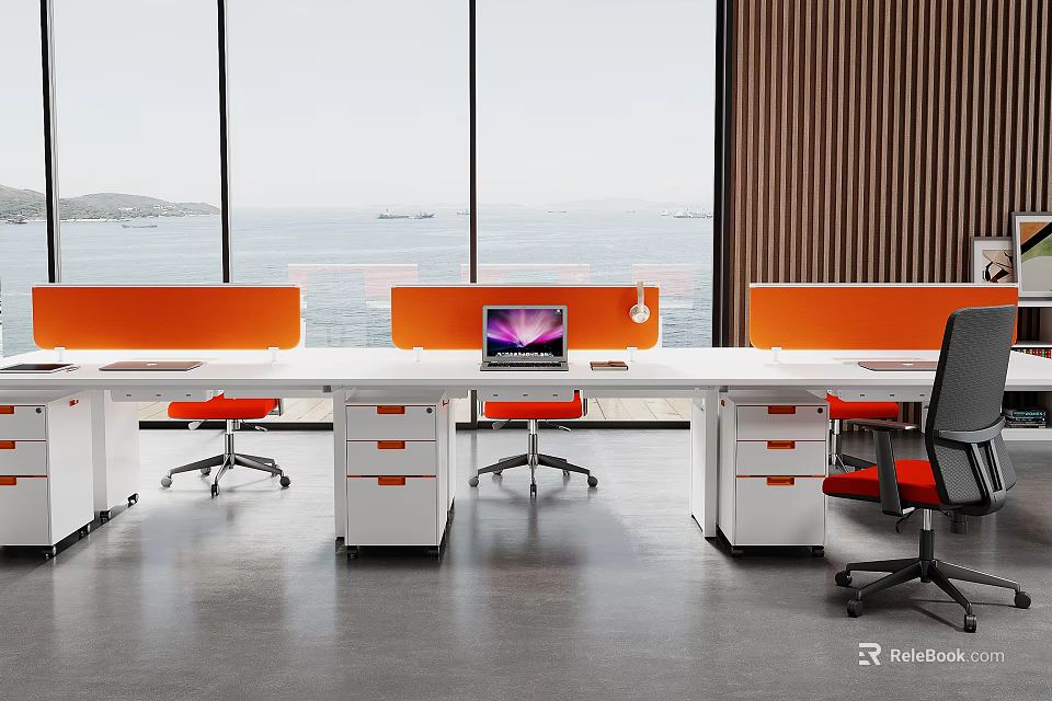 Modern Office Desk Setup With White Tabletop Orange Partitions Black Chairs And Sea View Windows 3d model 