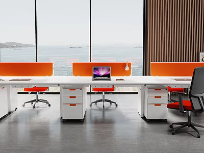 Modern Office Desk Setup With White Tabletop Orange Partitions Black Chairs And Sea View Windows 3d model