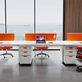 Modern Office Desk Setup With White Tabletop Orange Partitions Black Chairs And Sea View Windows