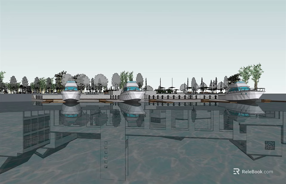 Tranquil Waterfront Scene With Moored Boats Trees And Clear Water Reflections 3d model 