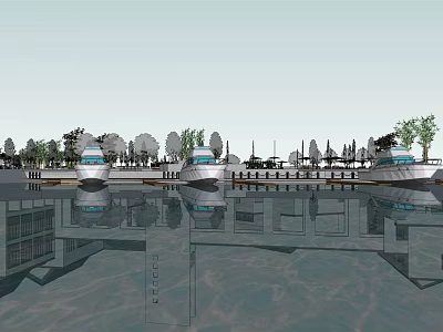 Tranquil Waterfront Scene With Moored Boats Trees And Clear Water Reflections 3d model