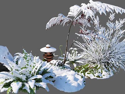 Snow Covered Garden Decor With Frosted Plants And Lantern Ornament In Winter 3d model