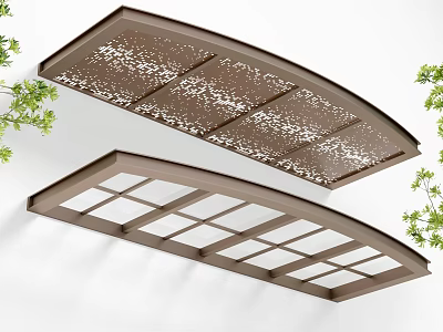 Curved Brown Pergola With Perforated Pattern And Grid Design Surrounded By Green Leaves 3d model
