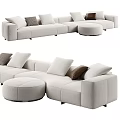 Beige Fabric Sectional Sofa With Beige Brown Cushions And Round Ottoman