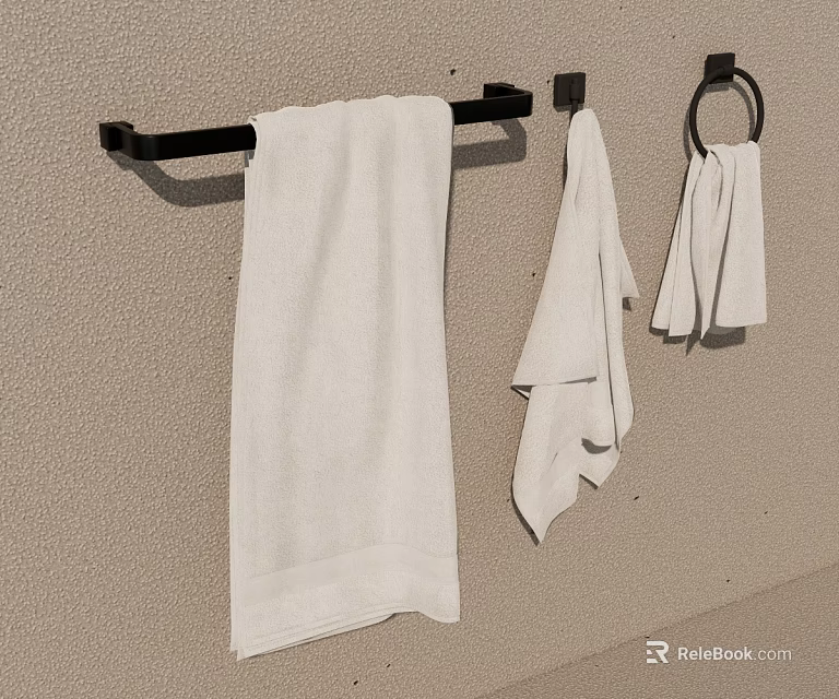 Stylish Bathroom Towel Rack With Towel Ring And White Towels Mounted On Wall 3d model 
