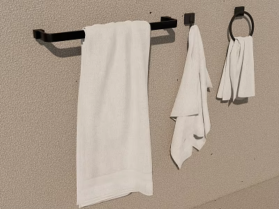 Stylish Bathroom Towel Rack With Towel Ring And White Towels Mounted On Wall 3d model