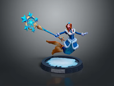 Flying Woman With Snowflake Decorated Staff In Blue And White Outfit On Ice Base 3d model