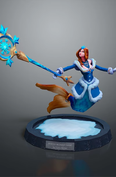 Flying Woman With Snowflake Decorated Staff In Blue And White Outfit On Ice Base 3d model Flying Woman With Snowflake Decorated Staff In Blue And White Outfit On Ice Base 3d model