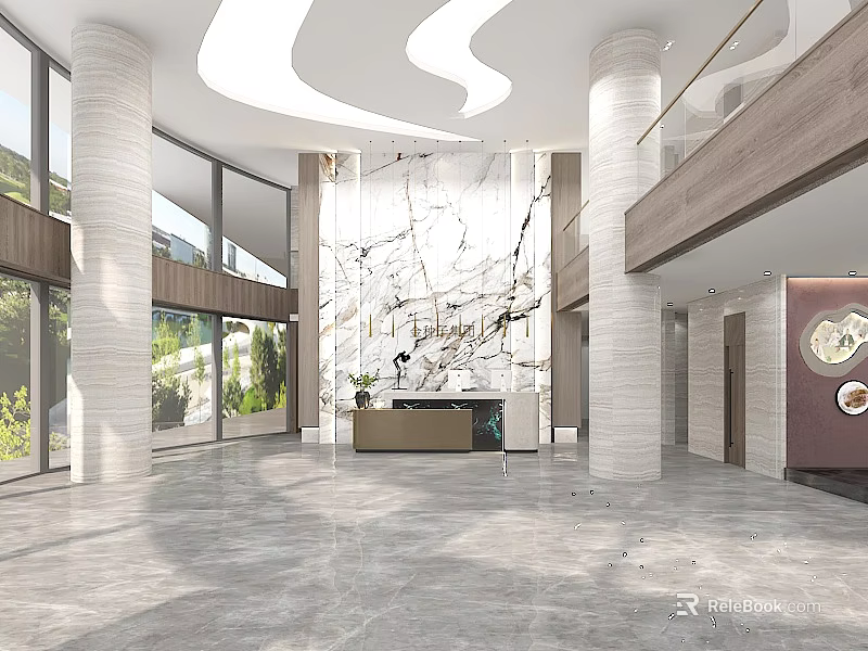 Front Desk Reception Area with Marble Wall Large Windows and Tall Columns Natural Light 3d model