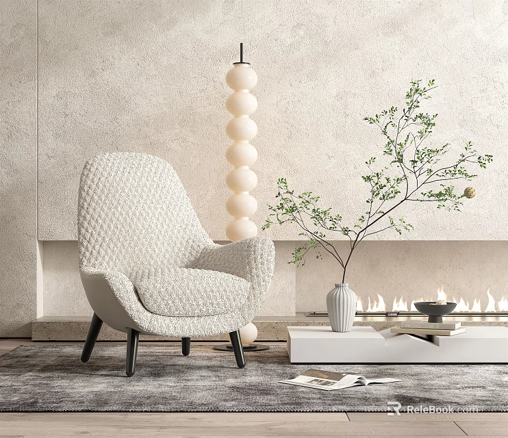 Beige Textured Armchair With Black Legs White Round Floor Lamp Green Plant And Light Wall 3d model 