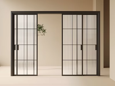 Modern Minimalist Sliding Door With Black Frame And Lattice Glass Panel For Interior Open Space 3d model