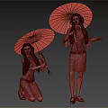Women Wearing Qipao Holding Purple And Pink Umbrellas One Kneeling One Standing