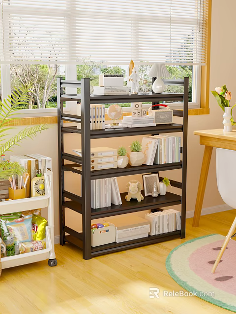 Modern Multi Tiered Bookshelf With Books Decorative Pieces Potted Plants And Storage Boxes 3d model 