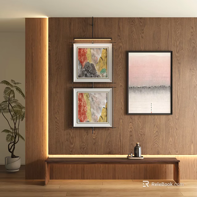 Three Abstract Paintings Hanging On Wooden Wall With Indoor Plant And Interior Decor 3d model 