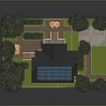 Residential House With Blue Solar Panel Roof Orange Exterior Surrounded By Trees And Lawn