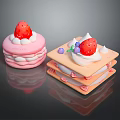 Delicious Layered Round and Square Desserts with Fresh Strawberries Whipped Cream and Purple Berries