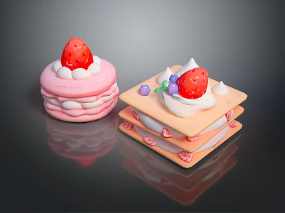 Delicious Layered Round and Square Desserts with Fresh Strawberries Whipped Cream and Purple Berries 3d model